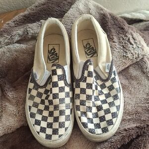 Vans Womens Black and Cream Checkered Slip-On Sneakers